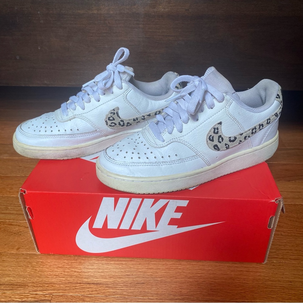 Nike Women’s White Sneakers with Leopard-Print Swoosh
